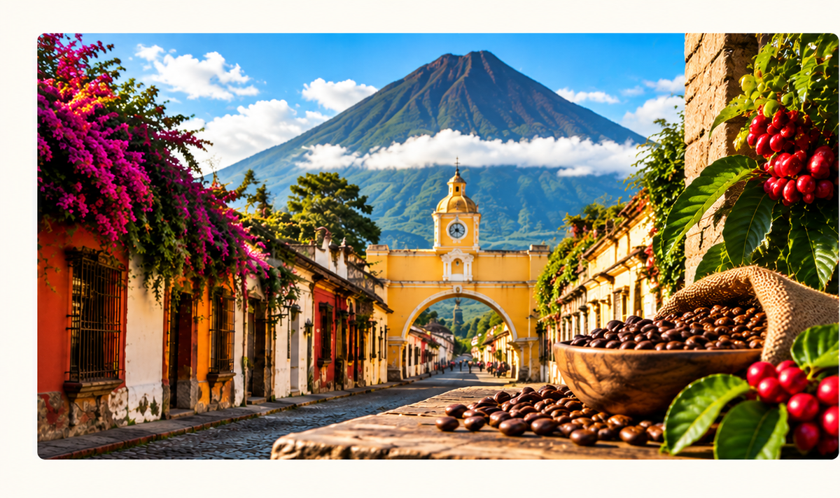 Antigua Guatemala with Volcan de Agua and coffee